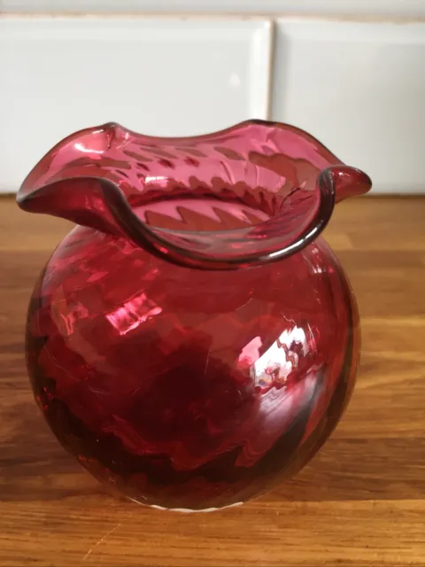 Vintage Cranberry Glass Vase with Fluted Rim - 8.5cm tall.  Impressed On Base