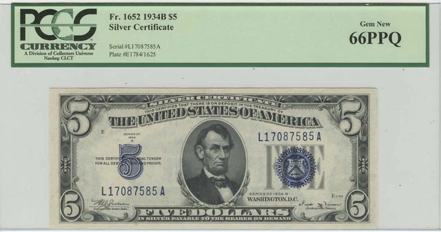1934B $5 Silver Certificate FR# 1652 PCGS 66PPQ Gem New