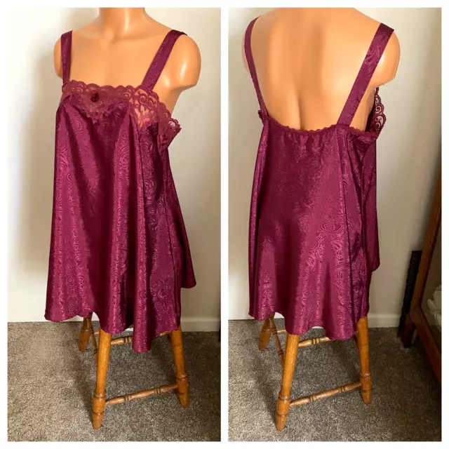 VTG 90's ADONNA BURGUNDY SATINY PAISLEY JACQUARD W/ LACE YOKE NIGHTGOWN SZ M