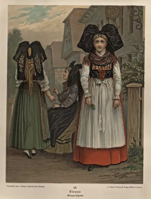 Alsace Costume Femmes Original Lithographie Couleur Kretschmer 1880