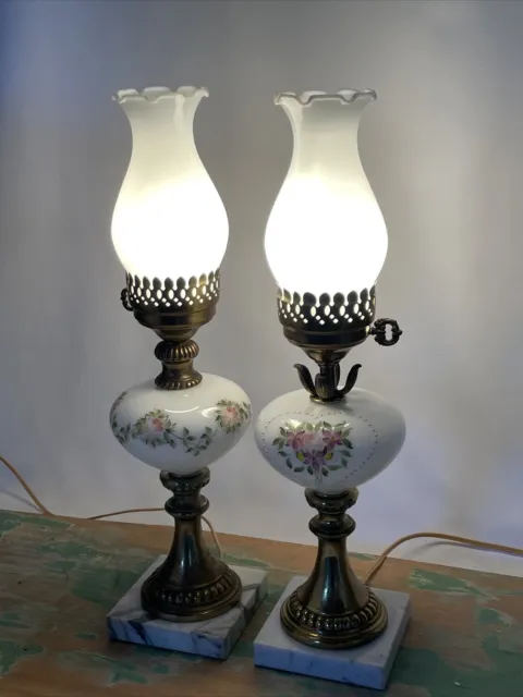 Antique Vtg Electric Oil Lamp PAIR Floral MCM Boudoir Victorian Art Deco Buffet 3