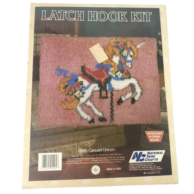 National Yarn Crafts Latch Hook Rug Kit Carousel Unicorn R886 Vintage 1988 NIB