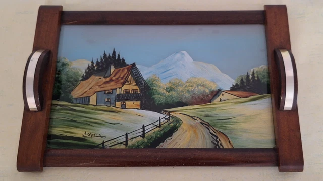 Ancien Plateau Décoratif Elgi - Bois, Métal Et Verre - Vintage 35x27cm