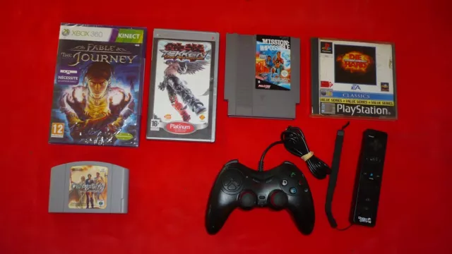Lot de divers Jeux Vidéo NES, x box 360, SNES, Sony PSP, PS1 et manettes