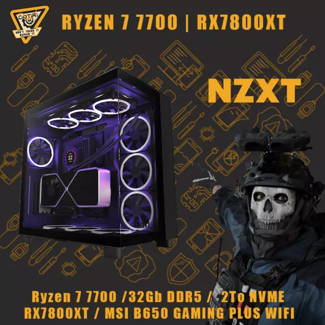 PC GAMING, NZXT H9 Elite, AMD Ryzen 7 7700, 32Gb DDR5,  RX7800XT, 2To NVME