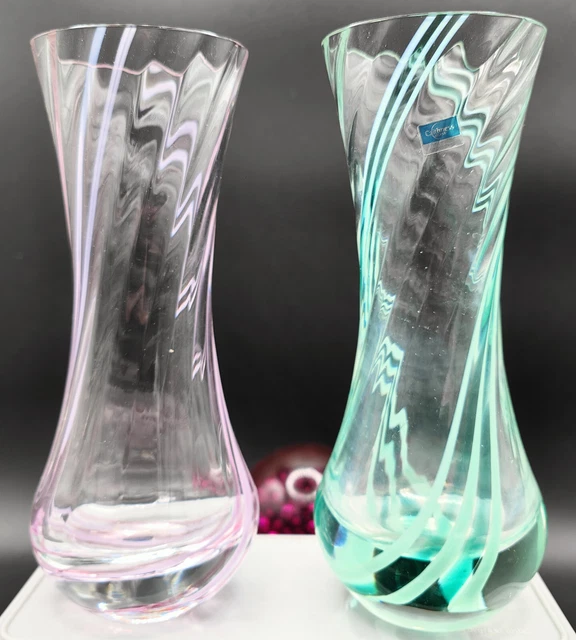 Caithness Scottish Art Glass Vases Pair, One Pink & One Green Swirl Vases