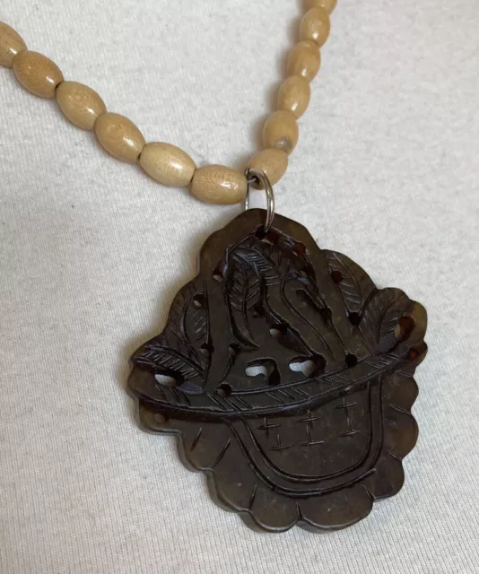 Vintage Jade Carved Pendant Necklace 16.5” BOHO Wooden Beads Asian Oriental
