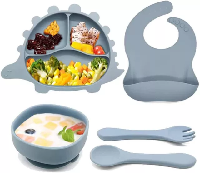 Vajilla Bebe Silicona con Ventosa Plato y Cuenco Cuchara Tenedor Babero Set 5