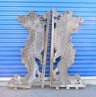 Pair Large Antique Chinese 2 Side Carved Wood Statue, Fish Dragon, Ming, 18th c