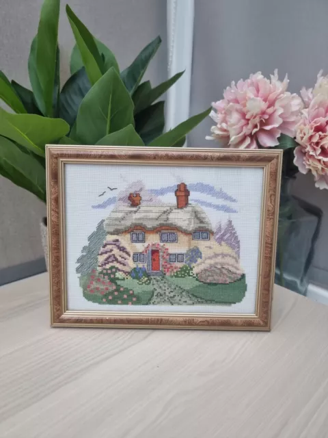 Vintage Cottagecore Country Cottage Garden Cross Stitch Finished Framed - 10"