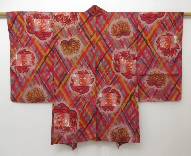 1118T07z420 Vintage Japanese Kimono Silk MEISEN HAORI Dark red Chrysanthemum
