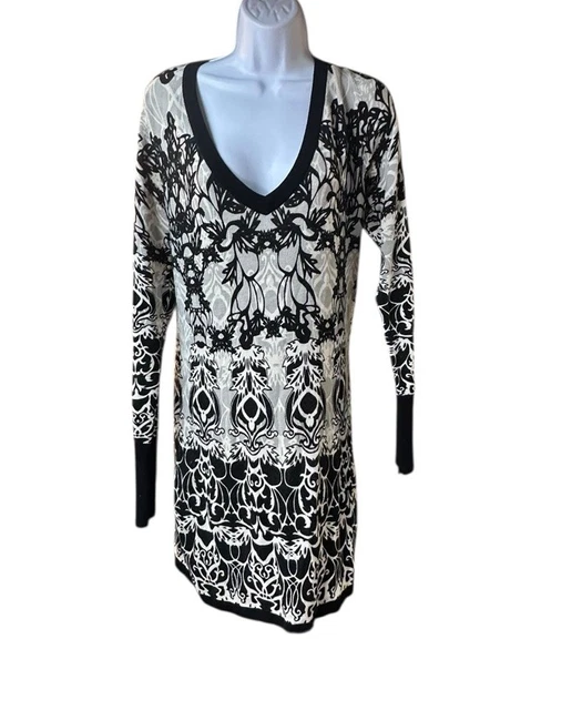 Cache Black Ivory V-Neck Sheath Knit Dress Long Sleeve Knee Length L Cache Black Ivory V-Neck Sheath Knit Dress Long Sleeve Knee Length L