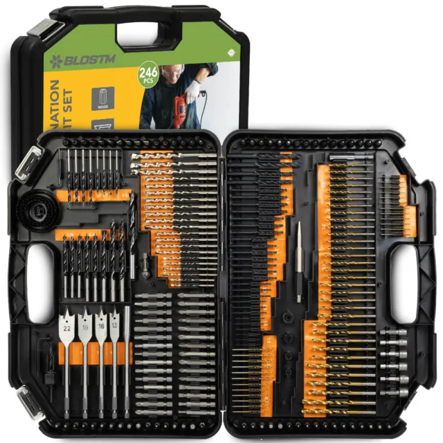 BLOSTM Combination Drill Bit Set 246PCS Masonry Wood Screwdriver HSS Titanium