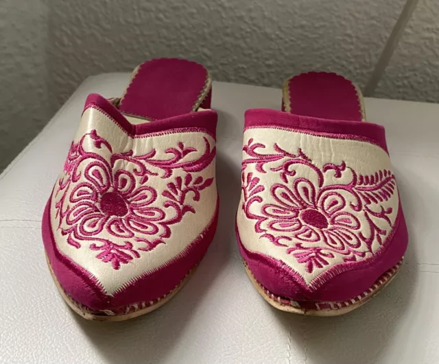 Handmade moroccan slippers Embroidered sheepskin Shoes babouche Pink Size 6.5 7