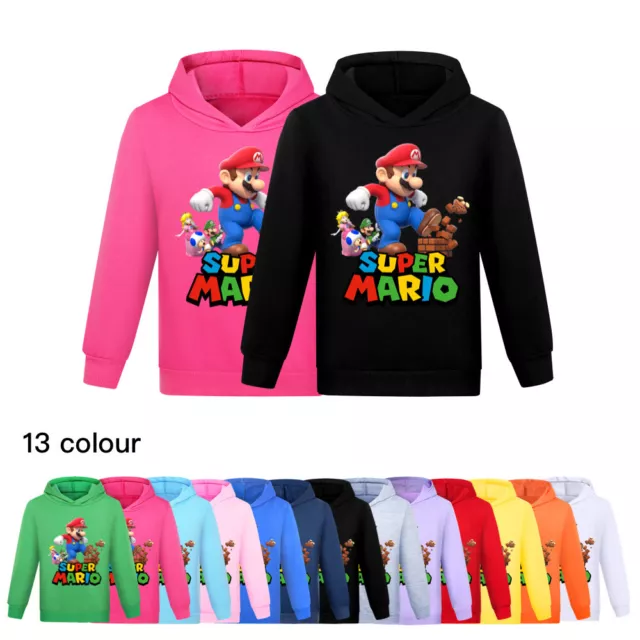 New Kids Boys Girls Super Mario Print Hoodie Sweatshirt Pullover One Piece Top