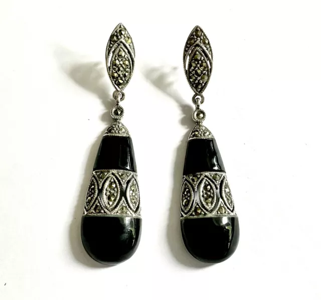 Art Deco 1920s style STERLING SILVER Black Onyx Marcasite Pear Drop earrings