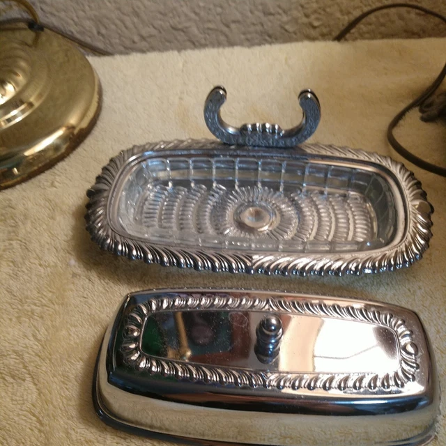 Vintage Ironware Silver Beautiful Butter Dish With Knife Holder 3 Pieces  USA
