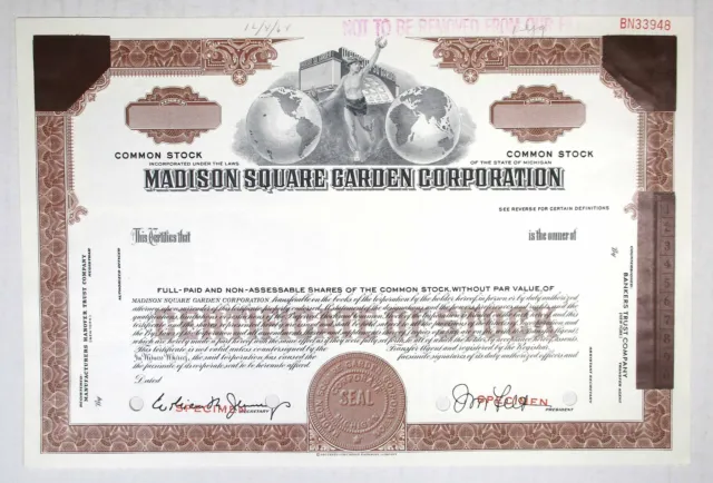 Madison Square Garden Corp., 1964 100 Shrs Specimen Stock Cert. XF-AU.