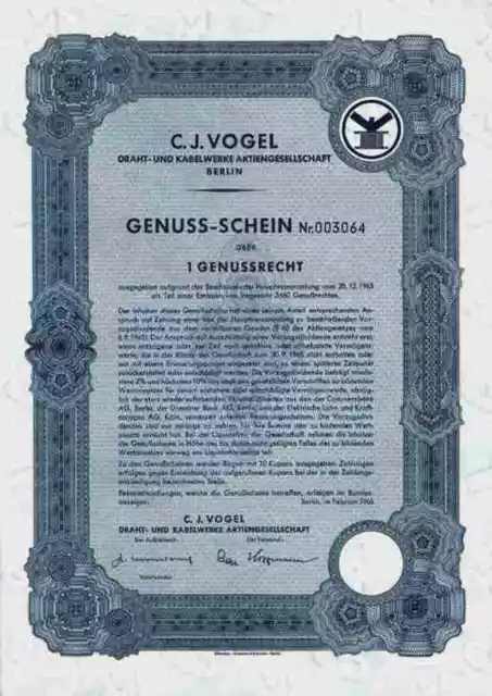 C. J. Vogel Kabel 1966 Hannover Wien Köln Genußrecht Ariadne Wien Gewinnanteile