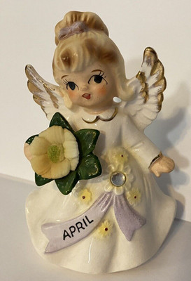 Vintage Lefton #6224 April Birthday Girl Angel Figurine Clear Rhinestone 4" High