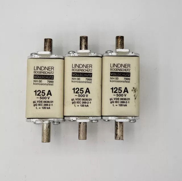 3x Lindner Bogenschutz Vollschutz Sicherung NH00 125A 500V 7999