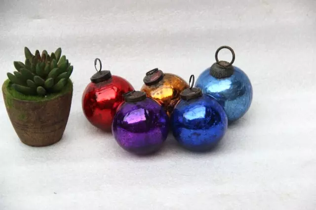 3"Vintage Look 5Pc Different Color Round Glass Kugel Christmas Ornaments Decor
