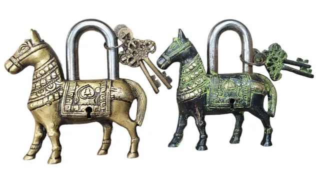 Horse Design Temple Lock Metal Hardware Old Vintage Decor/ Patina Or Brass