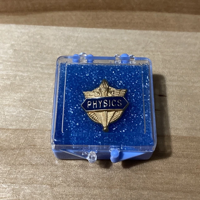 Vintage Honors Pin: Physics GOLD TONE 80s LAPEL PIN Push Clasp Display Box NOS