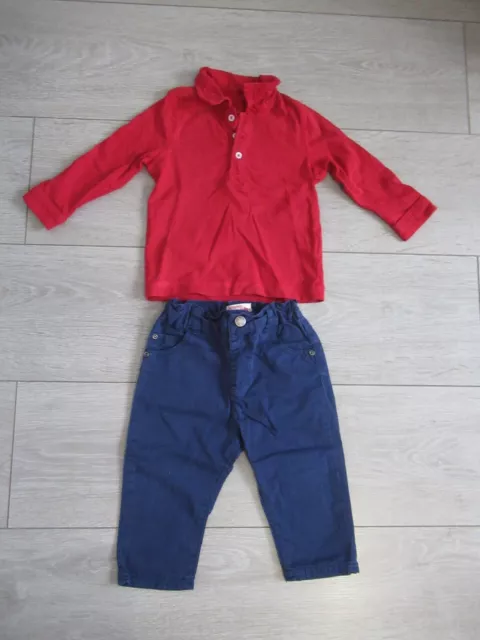 Ensemble polo rouge à manches longues + pantalon bleu marine 12 mois DPAM