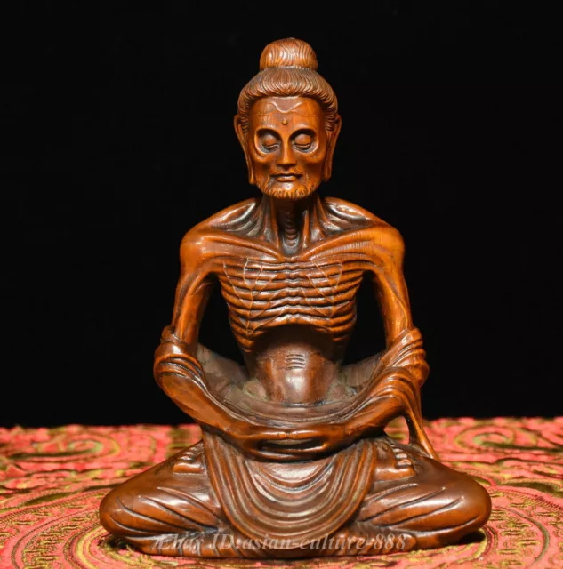 6" Chinese Buddhism Boxwood Wood Carved Skinny Arhat ascetic monk Buddha Statue