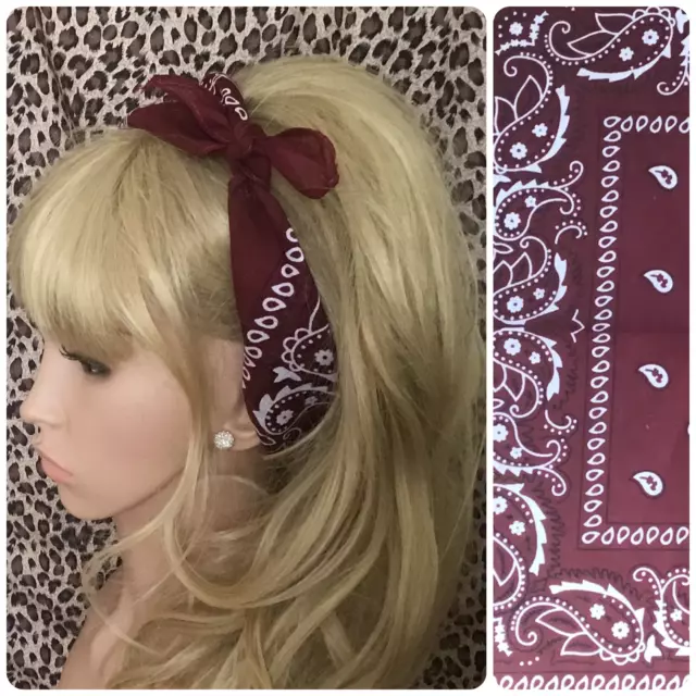 BURGUNDY COTTON PAISLEY SQUARE FABRIC BANDANA HEAD BAND HAIR TIE NECK SCARF 50s