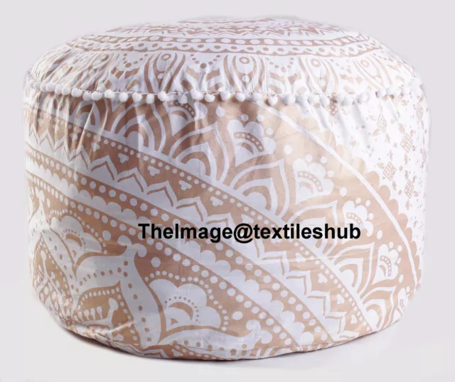 Indian White Gold Ombre Mandala Ottoman Pouffe Foot Stool Pouf Round Floor Pouf