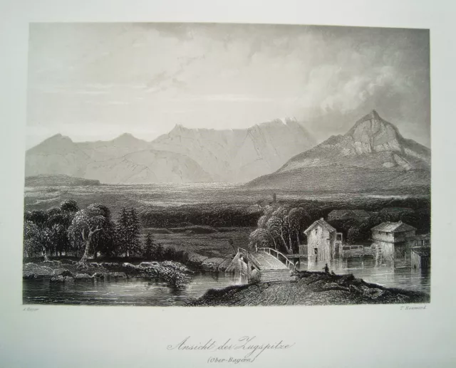 Zugspitze Bayern Bayern sehr seltener alter Stahlstich 1844