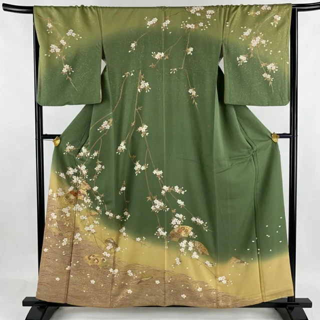 JAPANESE KIMONO HOUMONGI LADIES WOVEN SILK 100% GOLD COLOR 158.5cm