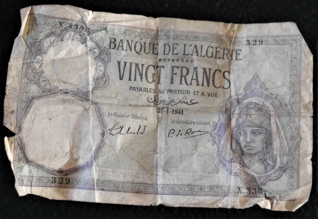 1941 FRENCH BANQUE DE L'AGERIA Vingt or 20 FRANCS World War II