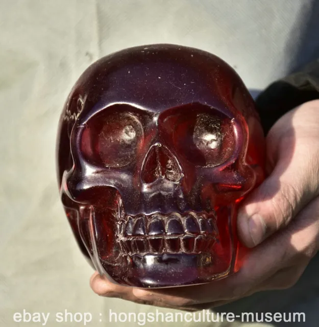 5.6" Old Chinese Red Amber Carving Feng Shui Human Skeleton Skull Head Statue