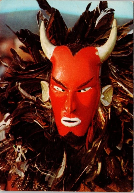 Nyau Dancer from Zambia Africa Red Mask Horns Vintage Postcard C7 *as is