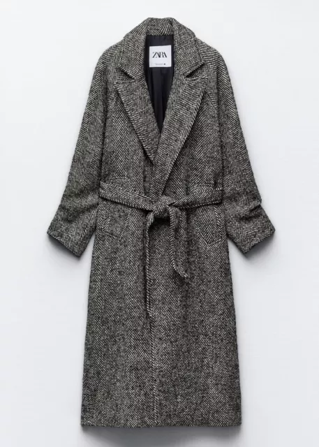 Zara Herringbone Coat With Belt Ecru Black New Fw24 Sizes Xs-Xxl Ref. 8452/121