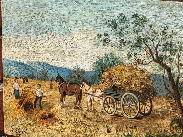 Tableau ancien signée L.ECALE 1897  La Moisson.  Peinture huile sur panneau bois