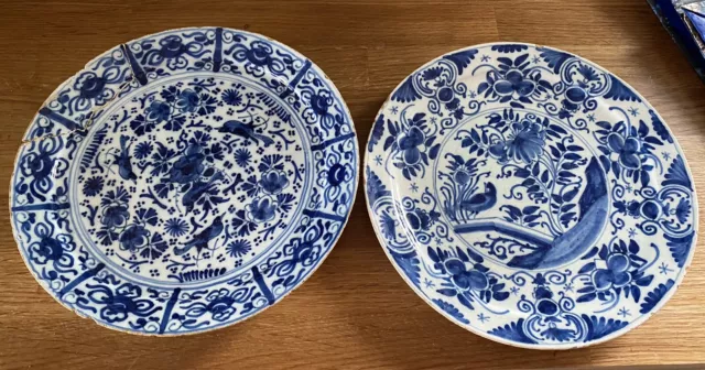 Antique BLUE AND WHITE PLATES X (2). Birds & Flowers - Possibly Delft