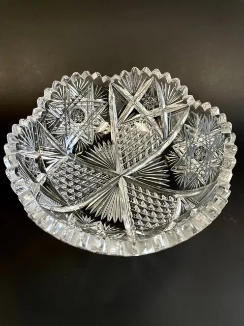 American Brilliant  ABP Antique Thick Cut Glass Crystal Bowl Hobstars 8”