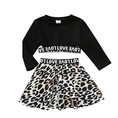 2Pcs Kids Girls Fashion Set Round Neck Long Sleeves Crop Top+Leopard Print Skirt