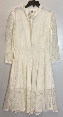 Vicky and Lucas Ivory Cream Lace Midi Dress sz L Tie Neck 3/4 Sleeves A-Line