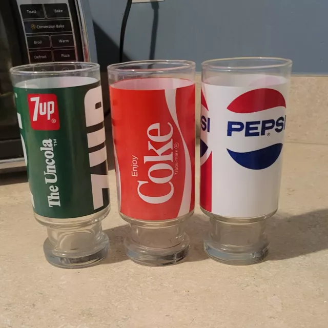 3 Vintage Footed Soda Pop Drinking Glasses, Coke, Pepsi, 7UP 2