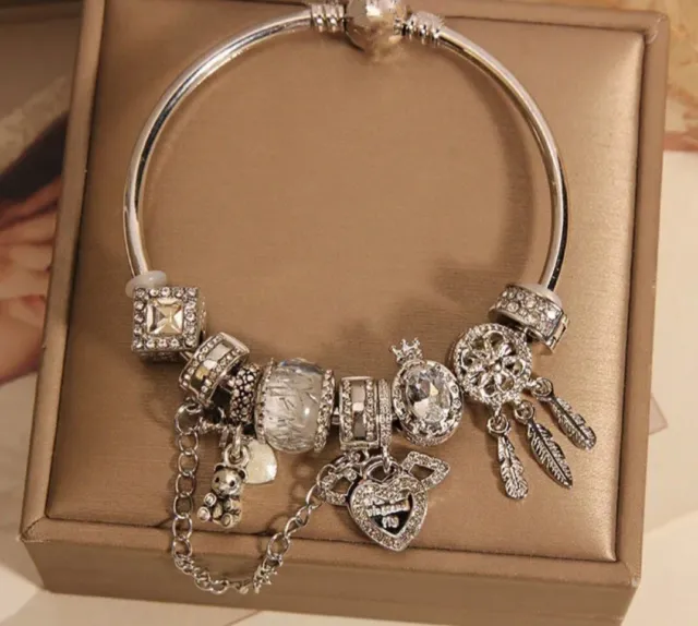Silver snake chain bracelet with love heart angel wings bear dreamcatcher charms