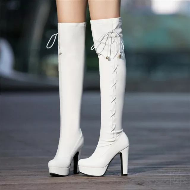 Women's block high heel round toe shoes fashion boots knee high leg boots