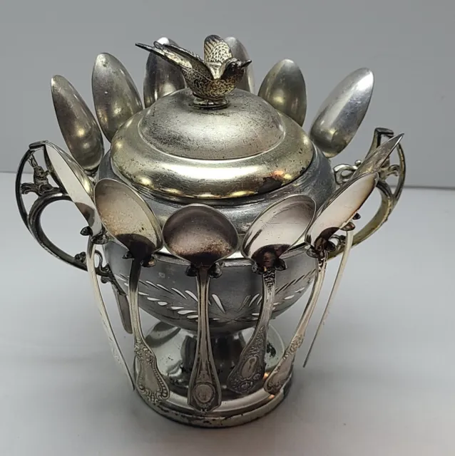 Antique William Rogers  SilverPlate Sugar Bowl with 12 spoons  Finial  Bird Lid