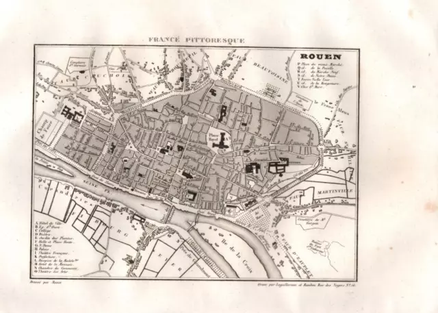 Gravure ancienne plan de Rouen  gravure originale 1835