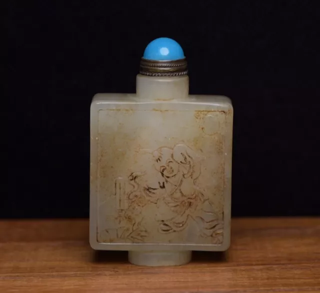 Antique Chinese Natural Hetian Jade Carved Children Statue Nice Snuff Bottle Box