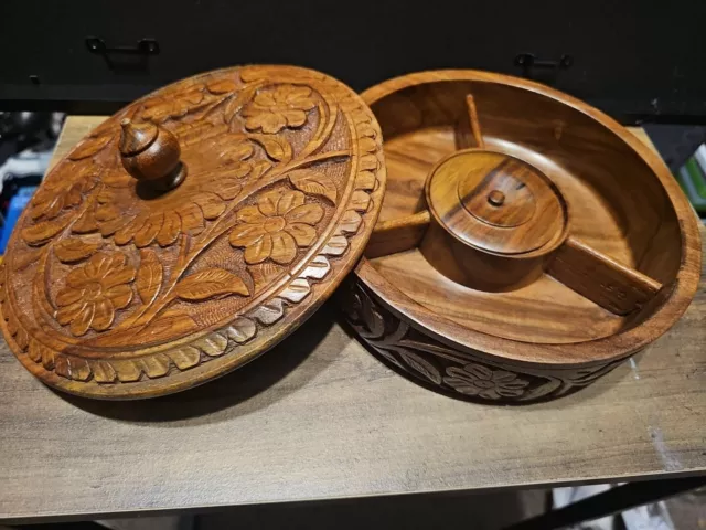 Vintage round Hand carved wooden Trinket box with Compartments made in India